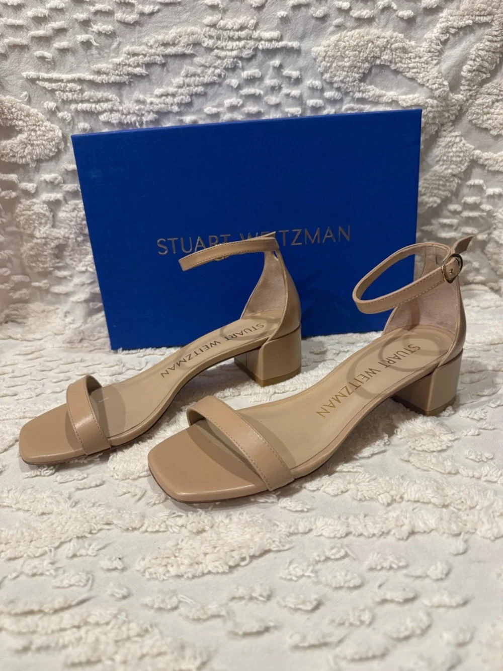 Stuart Weitzman Beige Ankle-Strap Block Heel Sandals 625